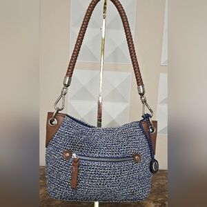 The Sak Blue Crochet Shoulder Bag Woven Knit Leather Trim Small Hobo Purse